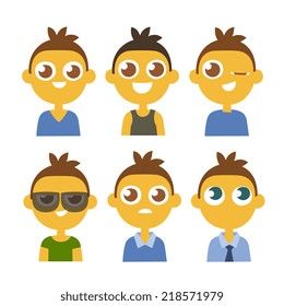 avatar set, primitive cartoon flat style characters emotions, vector illustration