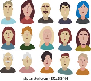 Avatar set of simple characters portraits. People of different age and gender