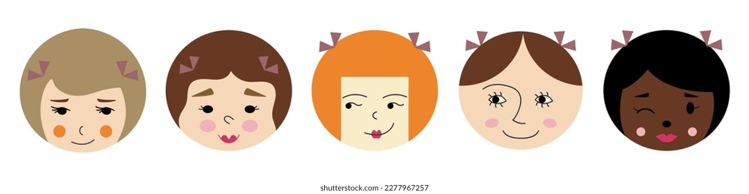 Avatar set, sweet girlish faces. Character design, various impressions, feminine appearance. Editable vector illustration
