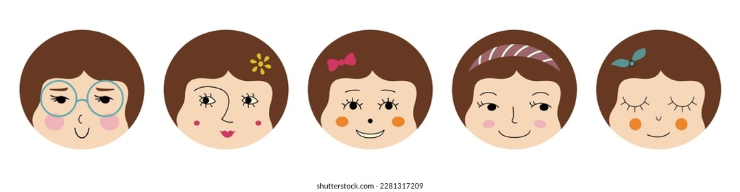 Avatar set, sweet girlish faces. Expression of emotions, diverse stickers, feminine countenance. Editable vector illustration
