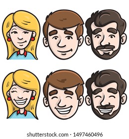 avatar set of three different business people with neutral facial expression and laughing. woman, man, beard, illustration.