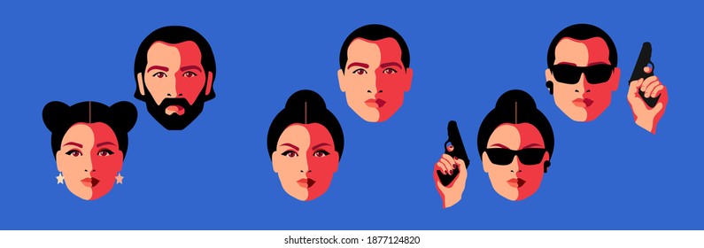 Avatar Set. Transformation Of Ordinary Male And Female Into Secret Agents With Guns. Young Women With Different Hairstyles And Bearded Men, With And Without Sunglasses. Vector Illustration