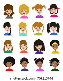 Avatar set vector illustration. Beautiful little girls portrait with different hair style isolated on white background.