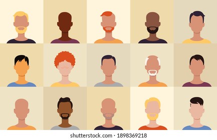 Avatar set without faces. Collection of portraits of men cartoon characters. Color illustration.