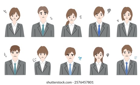 Avatar set of a young man and woman with troubled faces wearing business suits, upper body