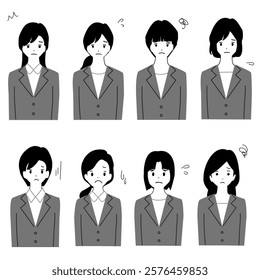 Avatar set of a young woman with troubled faces wearing business suits, upper body