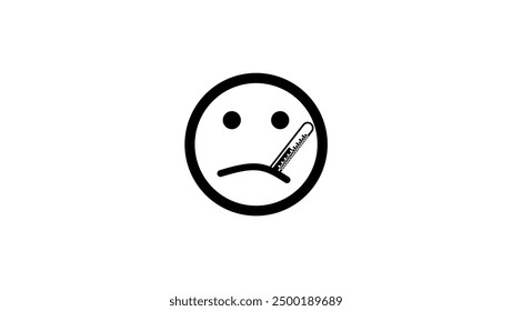 Avatar of a sick or unhealthy person, thermometer in mouth, black isolated silhouette