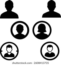 Avatar Silhouette Icon Set – Male and Female Avatar Profile Icons in Minimalist Style. Black Silhouette and Outline User Icons for Corporate, Social Media, and Web Design on White Background	
