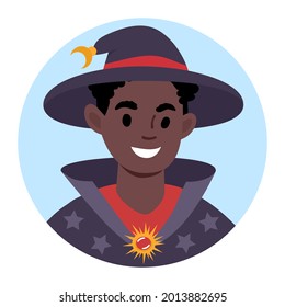 An avatar of a smiling African boy dressed as a wizard. Halloween, masquerade or play costume. Flat style vector illustration.