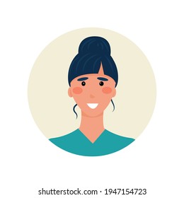 enfermera de morena sonriente avatar con panecillos y bollo. Banda única para jóvenes para foros médicos temáticos, sitios web, correo electrónico, bots de chat, apoyo a la clínica. Ilustración del vector