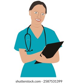 Avatar of smiling doctor or health worker in medical scrubs. Portrait of young nurse with clipboard in hands. Colored flat vector illustration of medic