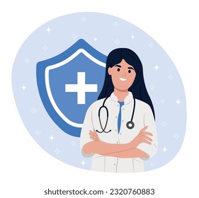 Avatar smiling female doctor. Medical consultation online .Shield, health care concept. Health insurance concept. Immune system shield.