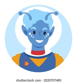 An avatar of a smiling girl dressed as an alien. Halloween, masquerade or play costume. Flat style vector illustration.