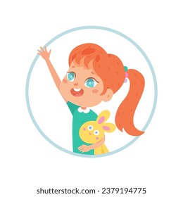 Avatar of smiling and greeting girl. Child face character icon. Colorful cartoon funny flat vector illustration isolated on white background. Redhead kid with ponytail greets her friends.