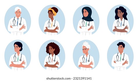 Avatar of smiling medical staff. Set of different doctors. African American, Muslim, Native American, African, Chinese, Asian,Elderly . Multi-ethnic medical workers of different nationalities.