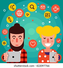 Avatar social network abstract with modern styled man and women using mobile devices  vector illustration