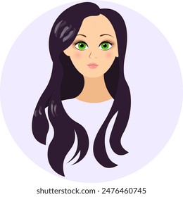  Avatar for social network. The face of a black-haired European girl. Front view. Colorful portrait.