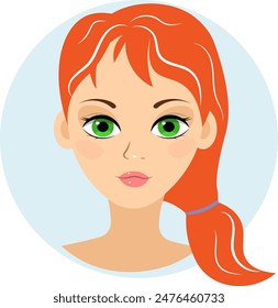 Avatar for social network. The face of a European girl with long red hair. Front view. Colorful portrait.