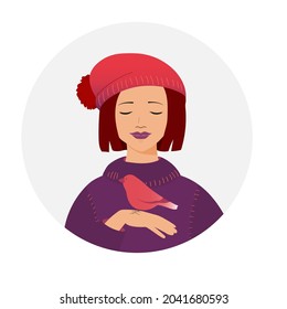 An avatar for a social network, the Internet. Girl with a bird, vector graphics