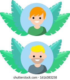 Avatar in social network. Young man in circle. Trend blue and green tropical leaves. Happy character. Cartoon flat illustration