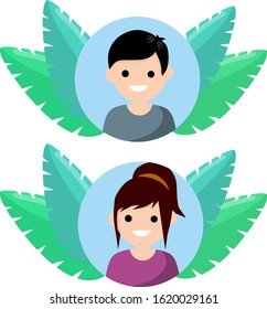 Avatar in social network. Young man and woman in circle. Trend blue and green tropical leaves. Happy character. Cartoon flat illustration. Boy and girl