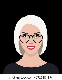 Avatar para las redes sociales. Retrato de una joven europea de ojos azules con un Bob rubio y gafas. La chica sonríe. Ilustración plana de material vectorial