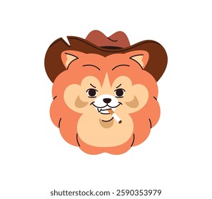 Avatar of Spitz character in cowboy hat. Muzzle of happy Pomeranian dog. Funny doggy smokes cigarette with cheeky expression on face. Cute puppy portrait. Flat isolated vector illustration on white