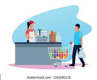 Avatar Supermarket Worker At Cash Register And Customer With A Supermarket Car Full Of Groceries, Colorful Design , Vector Illustration