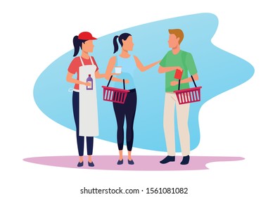 avatar supermarket worker giving samples a customers over white background, colorful design , vector illustration