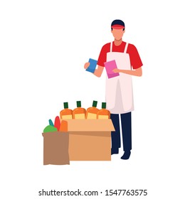 Avatar Supermarket Worker With Groceries Box Icon Over White Background, Vector Illustration