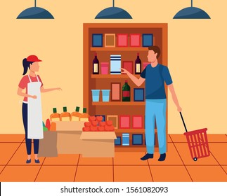 avatar supermarket worker helping a client at supermarket aisle, colorful design , vector illustration