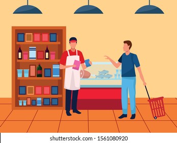 avatar supermarket worker helping a customer at supermarket aisle, colorful design , vector illustration