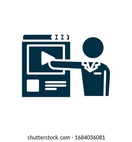 avatar teacher pointing a education web page icon over white background, silhouette style, vector illustration