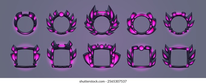 Avatar tech frames. Futuristic game sci fi borders, cyber technology ui asset hud elements user level rank frame space gaming neon badge cartoon icon set swanky vector illustration original artwork