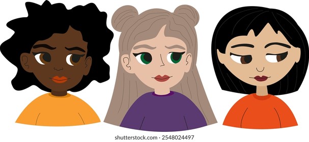 avatar de três meninas diferentes com aparências diferentes, três raças, retrato, ilustração vetorial