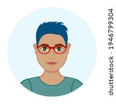 Avatar of a transgender man. Office worker wearing glasses. Programmer or designer. Young student. Blue hair. Woman with short haircut