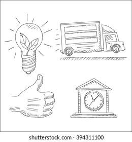 Avatar, truck, and hand gesture drawings , in sketch hand drawn style, for transport, transportation and logistics business design