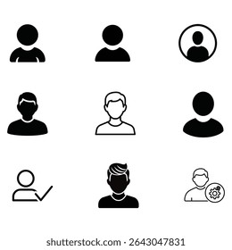 avatar, user, icon, vector, flat, face, head, UI, person, silhouette, login, profile, design, black, outline, filled, male, figure, gear, tick, modern, symbol, people, social, round, digital, simple