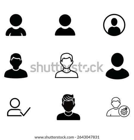 avatar, user, icon, vector, flat, face, head, UI, person, silhouette, login, profile, design, black, outline, filled, male, figure, gear, tick, modern, symbol, people, social, round, digital, simple