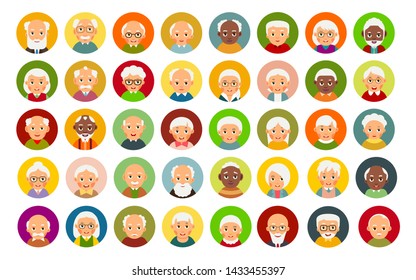 Avatar user old people. Modern flat icon with head user elderly people. Web icon set. Group of characters happy smiling men and women. Concept for web design and internet communication. Flat style. 
