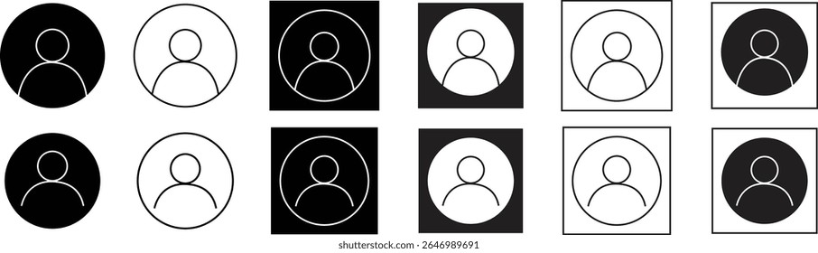 Avatar, perfil de usuário e ícone de pessoa definidos. Desenhos esquemáticos de silhuetas neutras em termos de gênero. Conceito de negócio de vetores de sinais de permissão humana. Ideal para mídias sociais, protetores de tela e modelos de imagem de perfil.