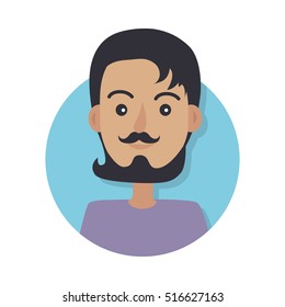 Avatar userpic icon. Young man without any headwear with dark hair wearing black mustache and dark beard. Violet sweater. Isolated male in blue circle on white in flat design. Vector illustration.