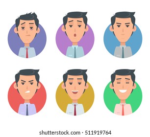 Avatar userpics of emotions. Variety of emotions office worker. Businessman person, cartoon people, character manager, success, angry, exhausted expression, depression and furious vector illustration