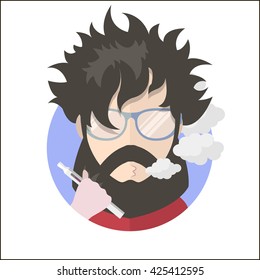 Avatar vape profile picture flat icon, vaping people character. Trendy beard and glasses.