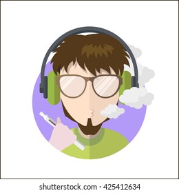 Avatar vape profile picture flat icon, vaping people character. Trendy beard and glasses.