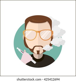 Avatar vape profile picture flat icon, vaping people character. Trendy beard and glasses.