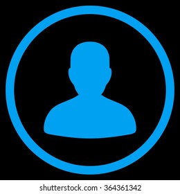 Avatar vector icon. Style is flat circled symbol, blue color, rounded angles, black background.