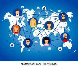 avatar vector image human faces internet icons on world map gradient