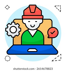 Avatar wearing hard hat inside laptop, icon of online labor