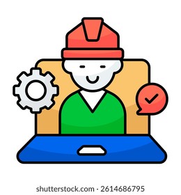 Avatar wearing hard hat inside laptop, icon of online labor